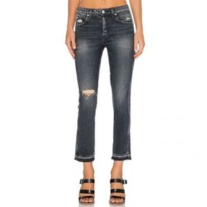 AMO Babe Button Fly Crop Jeans in Vixen Destroy Faded Black Wash Raw Release Hem